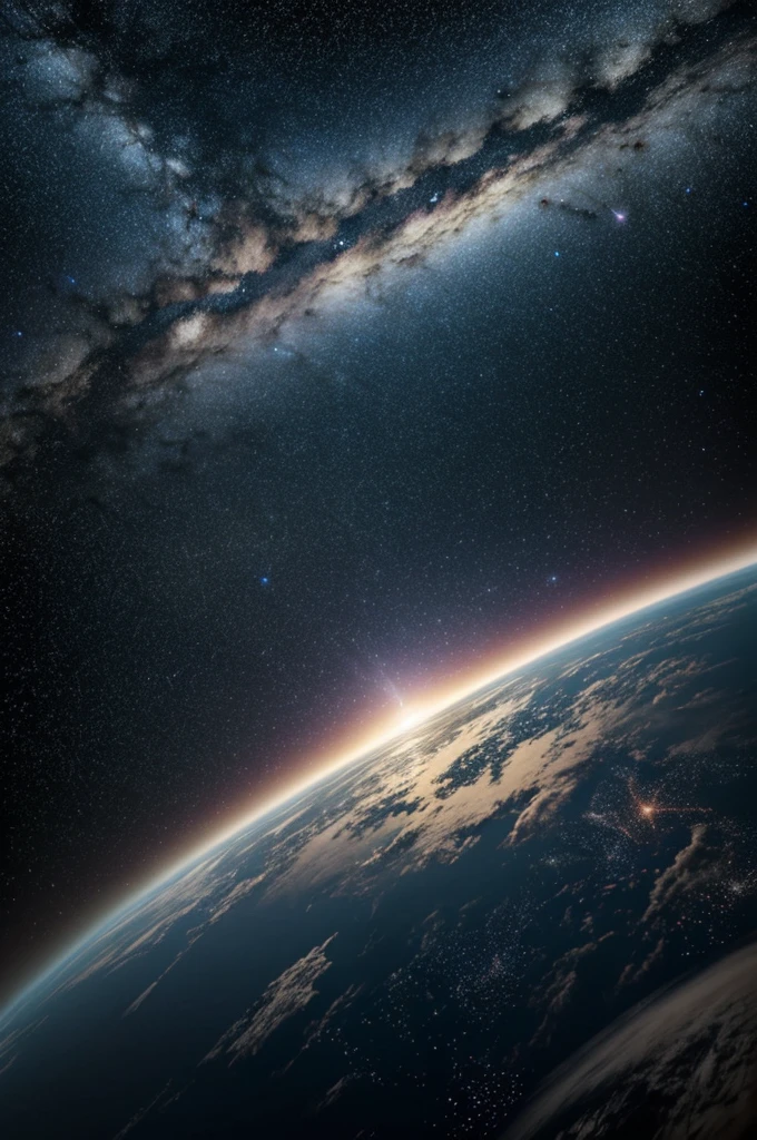 Realistic pictures.
Reveal the image of half the world with a bright cloudy sky background and the top layer is a space of many stars.