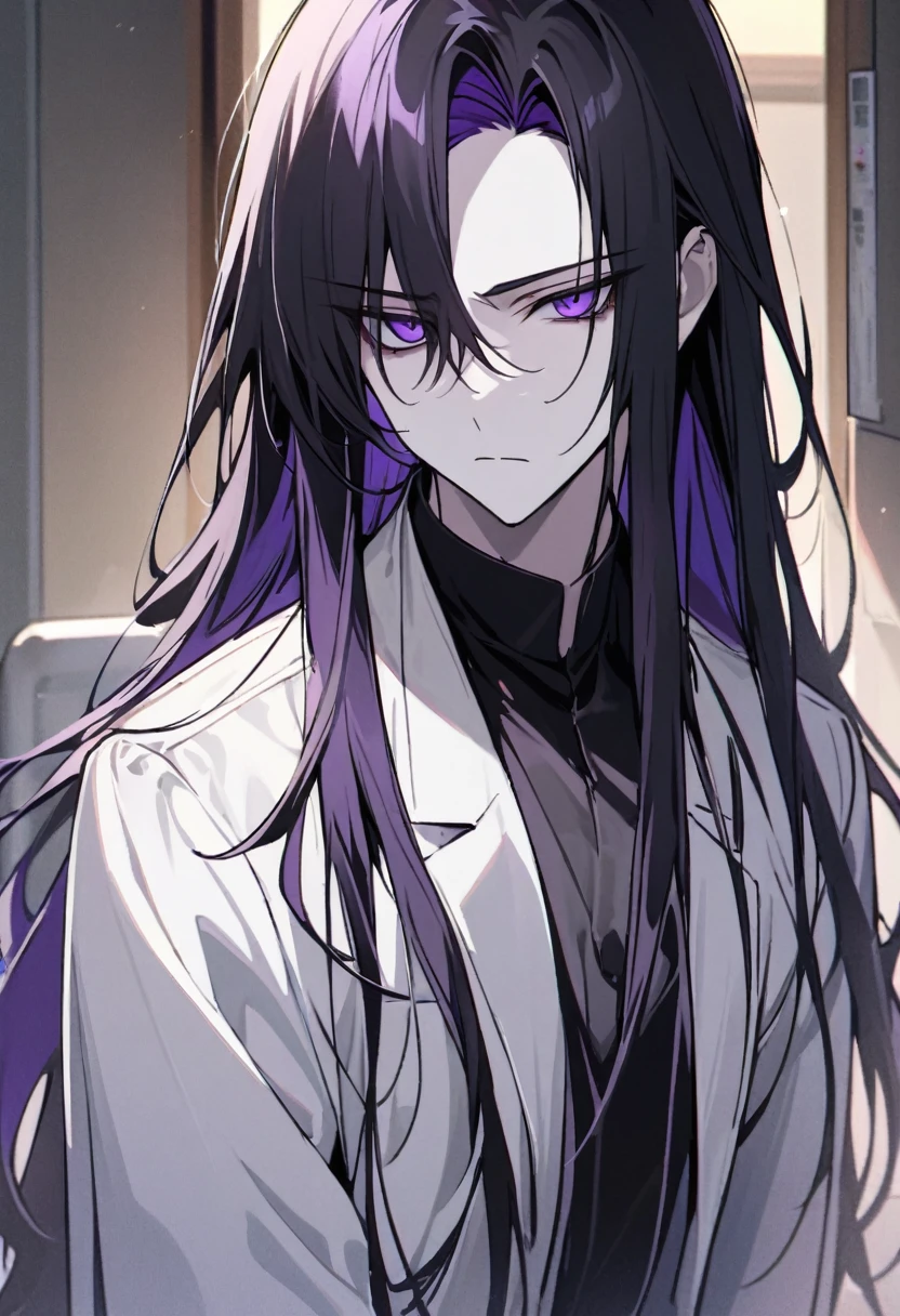 male。Wearing a white coat。黒髪long。Long Hair。long。Black inner。Look sick。Purple Eyes。 Expressionless。Cool impression。doctor。Pale skin。thin体。Worried eyebrowature。thin。(美しい若いmale), A serious expression, as if staring right at me, high quality, Draw Amount, Pixiv illustration、Hospital room、Lowered corner of the eye