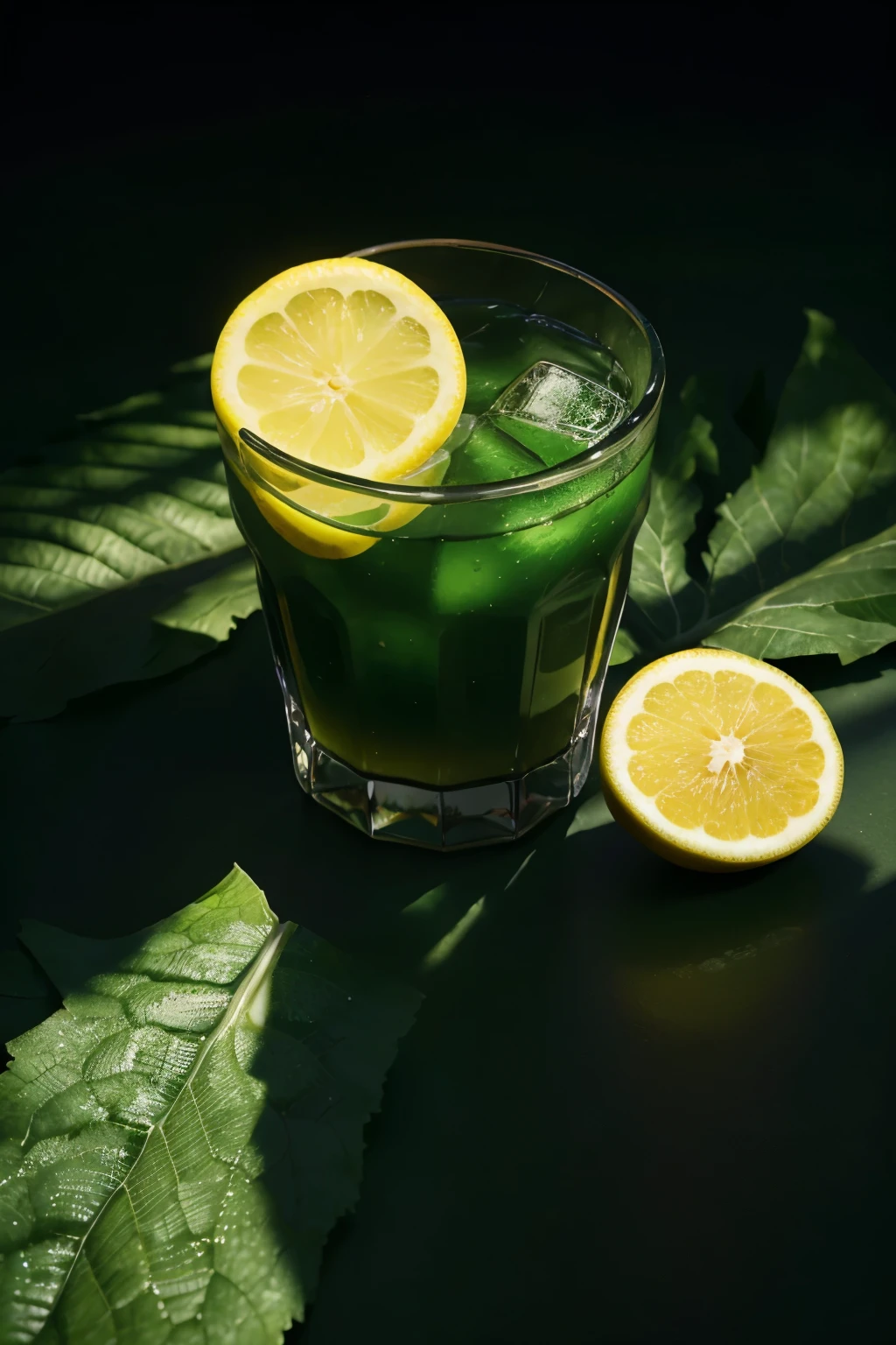 lemon juice with strong colors on a dark green background, with well-defined shadows, image for product promotion. Professional image with a low angle up