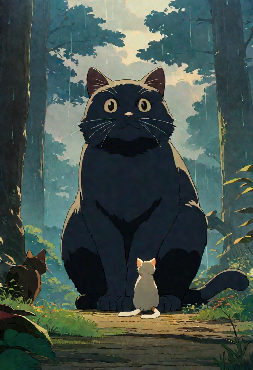 Studio Ghibli type animated film, movie stills, best picture quality, masterpiece, masterpiece, official art, professional, super elaborate, 8K, there is a cat, in the forest, relaxing, rainy day, cloudy sky, dark fantasy