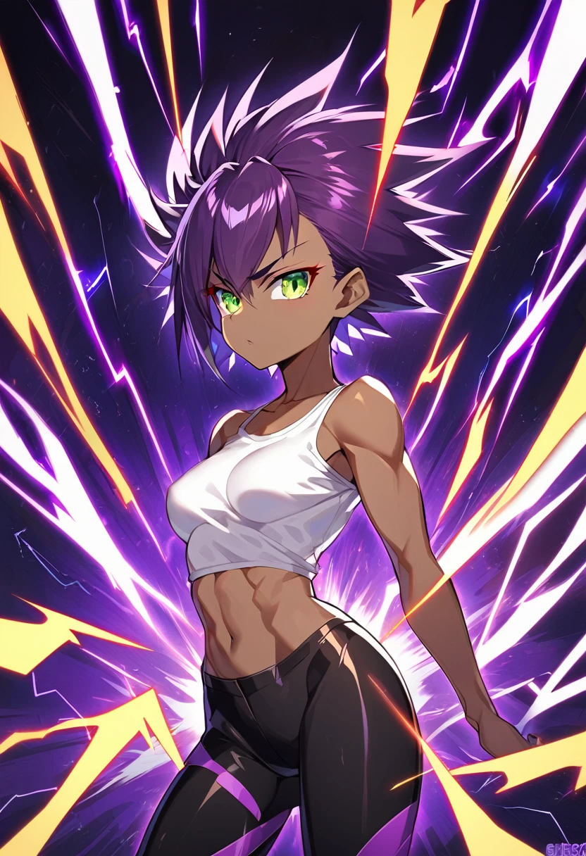 1girl, alone, Saiyan, spiky dark purple hair, green eyes, slim, slim waist, wide hips, dark skin, medium breasts, no clothes, naked, bobs, white t-shirt, black pants, super saiyan, lightning around, lightning purple, purple lightning around, energy around, ki energy, purple energy, yellow earring in the right ear, hakai, hakaishin