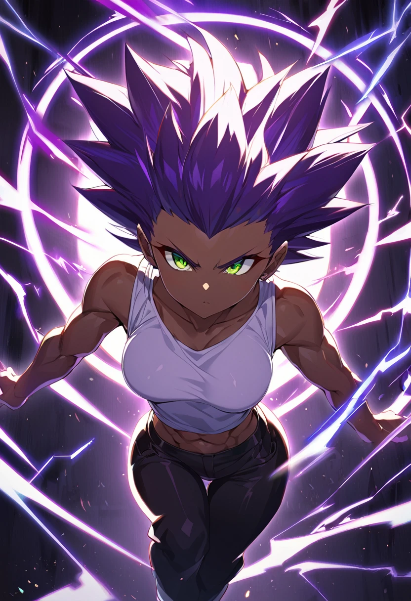 1girl, alone, Saiyan, spiky dark purple hair, green eyes, defined muscles, slim waist, wide hips, dark skin, medium breasts, no clothes, naked, bobs, white t-shirt, black pants, super saiyan, lightning around, lightning purple, purple lightning around, energy around, ki energy, purple energy
