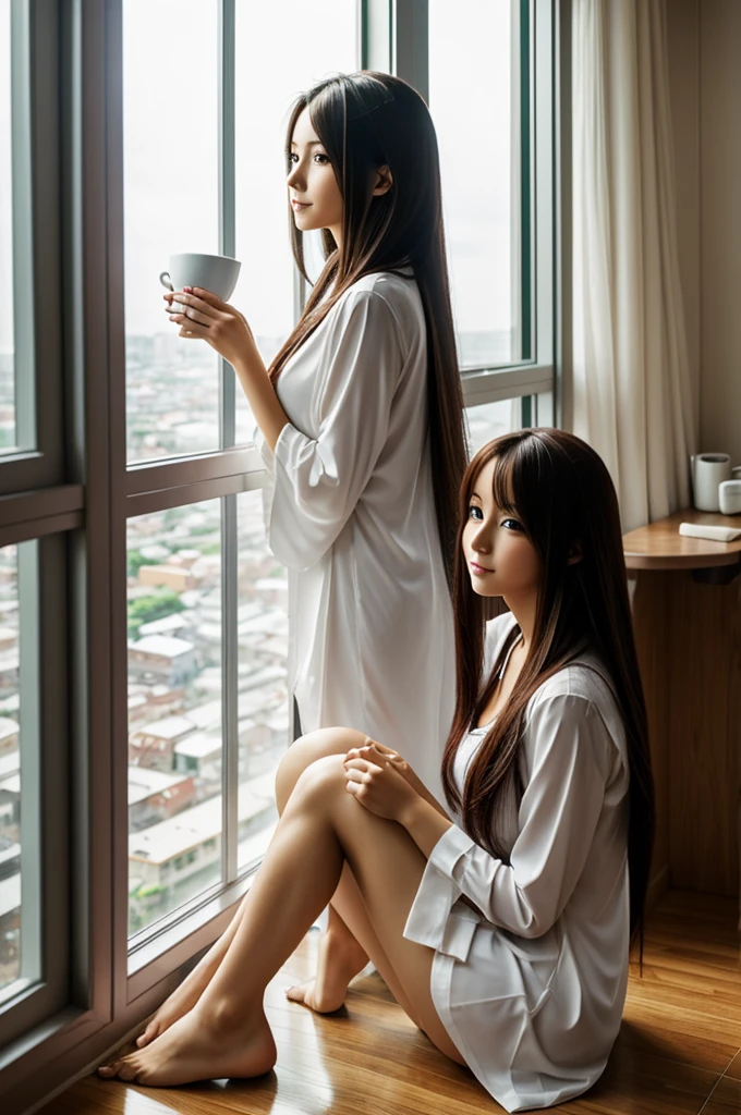 Sexy long hair anime woman sitting showing her legs inside her house at the window looking at the city rain while drinking a cup of coffee