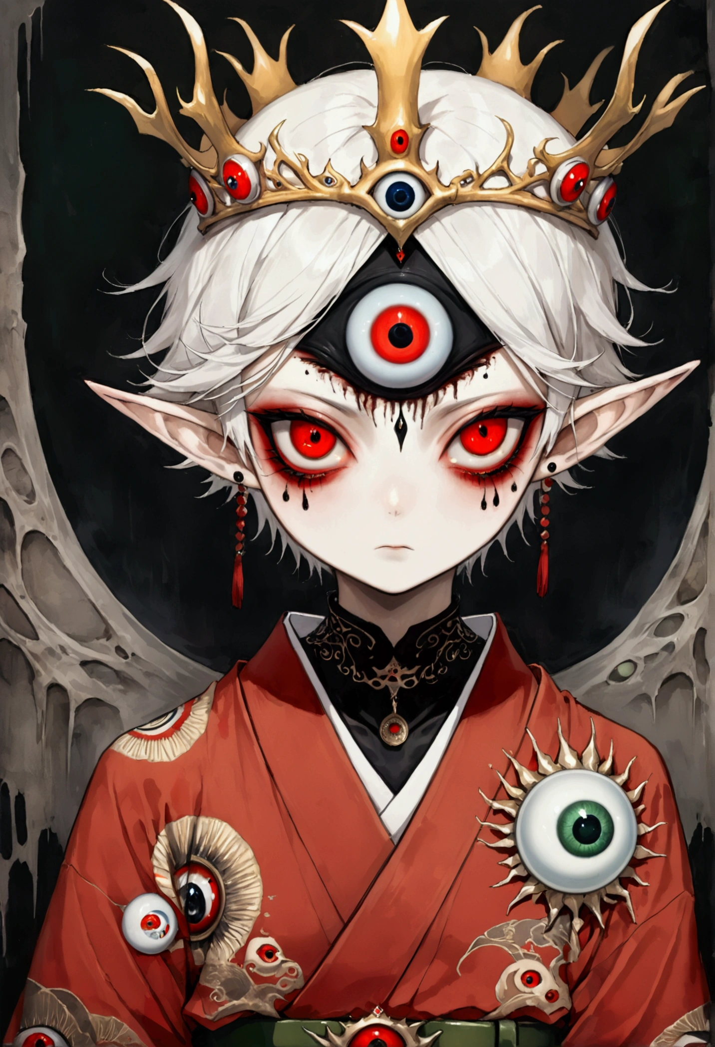 Japanese Anime,Second Dimension,Horror style,horror character,(((Three-eyed boy,third eye on the forehead:1.1.Dark eyeshadow,White short hair,Elf ears,Exaggerated golden crown-eyeball decoration))),(((Gorgeous Japanese red kimono,Eye pattern,Dark Pattern))).(((Thin waist,Green belt:1.6))).(style of santiago caruso,Tattoo on the neck),Ink smudged black background blur