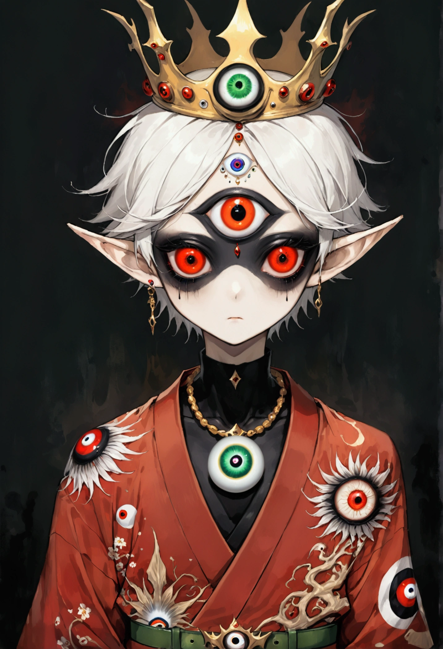 Japanese Anime，Second Dimension，Horror style，horror character，(((Three-eyed boy，third eye on the forehead:1.1.Dark eyeshadow，White short hair，Elf ears，Exaggerated golden crown-eyeball decoration))),(((Gorgeous Japanese red kimono，Eye pattern，Dark Pattern))).(((Thin waist，Green belt：1.6))).(style of santiago caruso,Tattoo on the neck)，Ink smudged black background blur
