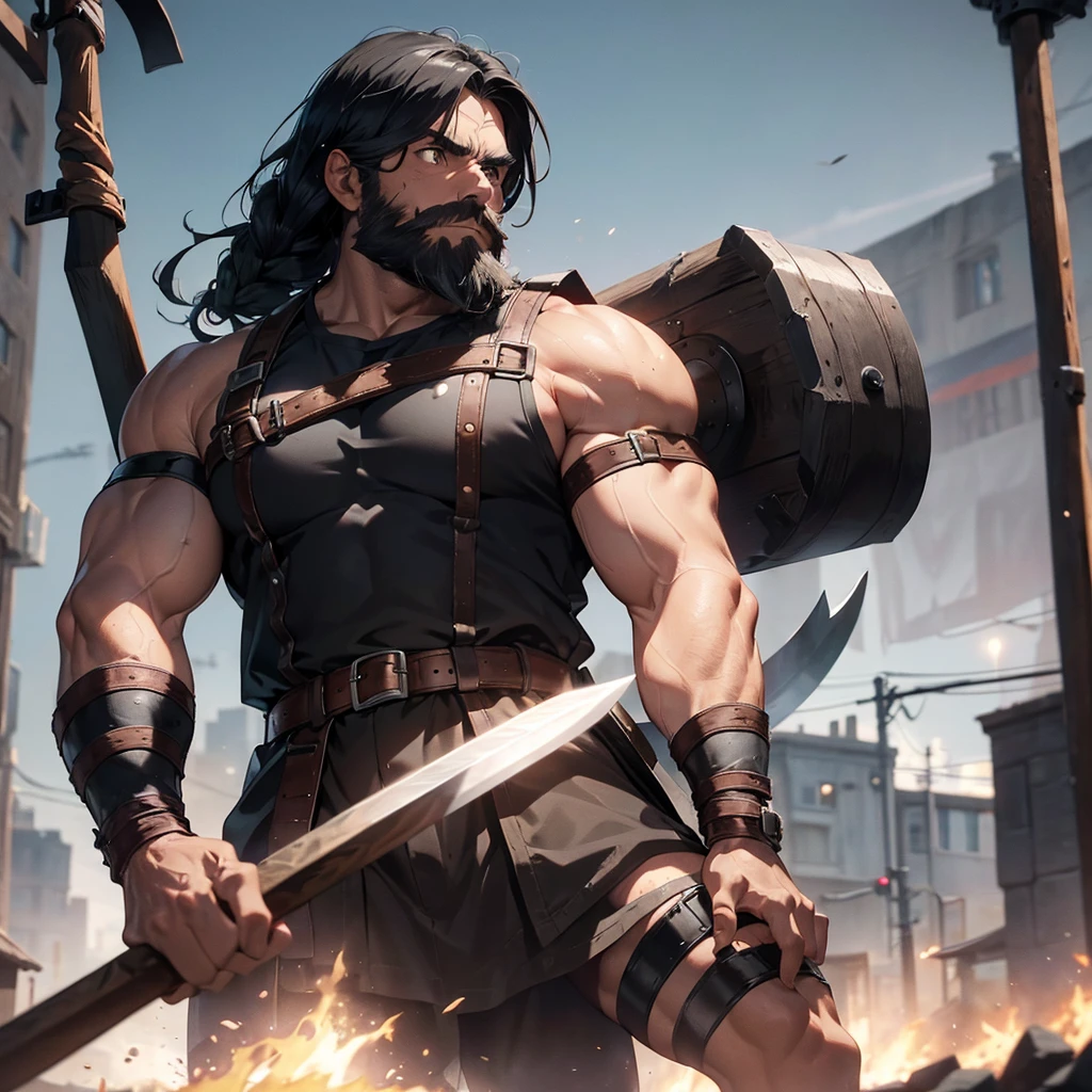 Muscular man with two axes in his hands on a battlefield