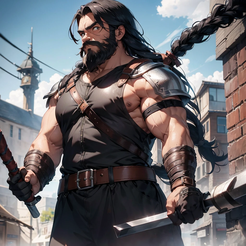 Male blacksmith、55 years old、Black beard、Great muscles、striking a sword with an iron mallet、KajiNo hair、countless scars on the body