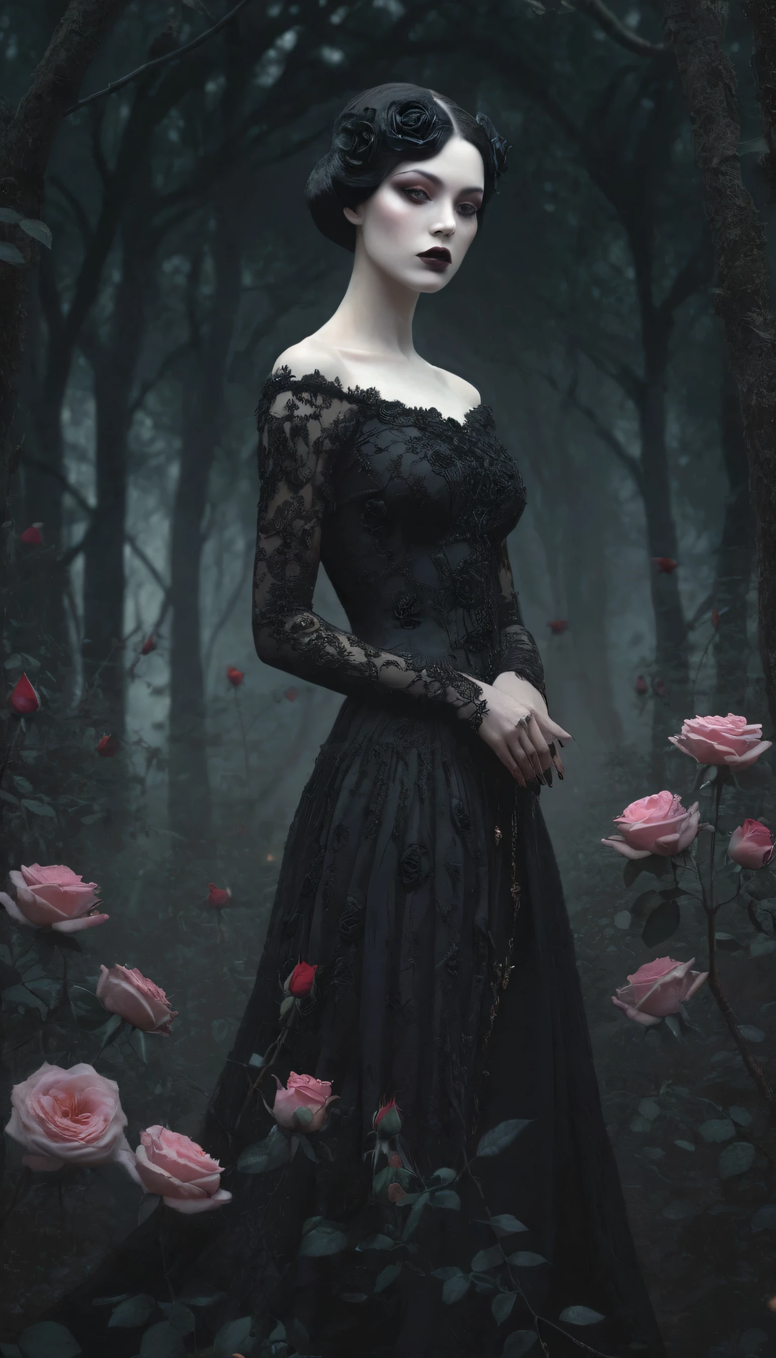 arafa woman in a black dress standing in a forest with roses, she is the queen of black roses, woman in a dark forest, dreamy and ethereal and dark, natalie shau tom bagshaw, artistic style tom bagshaw, dark and ethereal, earley, in the style of dark fantasy art, beautiful with strange vibes, Dark fantasy portrait
