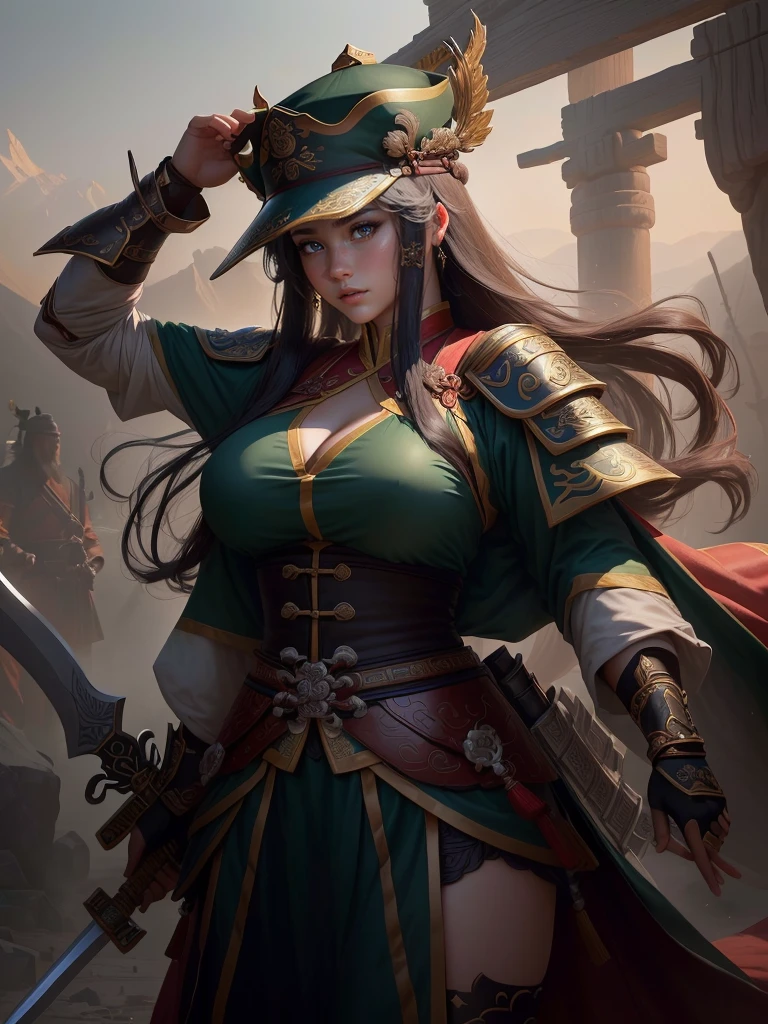 a woman with a bow and a bow in his hand, guan yu, bian lian, naranbaatar ganbold, inspired by Cao Zhibai, inspired by Hu Zaobin, inspired by Fan Kuan, inspired by Li Kan, mongol, inspired by Huang Shen, by Qu Leilei, inspired by Jang Seung-eop, a close up of a girl with a sword and a hat, guan yu, inspired by Hu Zaobin, naranbaatar ganbold, masamune shiro, bian lian, mongol, masamune, feng shu, inspired by Cao Zhibai, inspired by Huang Ding, genghis khan, inspired by Huang Shen, zhao yun, Highly detailed CG unit 8k wallpaper, masterpiece, High resolution, highest quality, highest quality real texture skin, Super Real, Digital Painting, Best image quality, 最High resolution, 8k, ((Highly detailed eyes and face, Beautiful eyes every detail)), 1girl, Full Body Shot, 1girl, Saggy breasts, Gravity-dependent breasts, long chest, Heavy chest, disproportionate breasts, huge breasts, sagging breasts, gigantic breasts, erect nipple, Cleavage cut out, profile, 