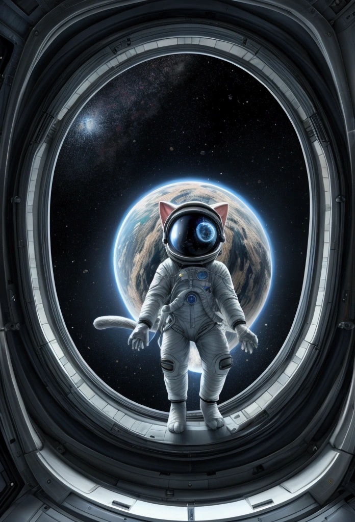 • Main Character:
• Cat: A cute cat wearing a spacesuit. The cat’s expression is filled with curiosity, with wide-open eyes.
• Spacesuit: A white spacesuit with a transparent helmet. The spacesuit has small antennas and special decorations for the cat.
• Background:
• Inside the Spaceship: The outside space can be seen through the windows. The interior of the spaceship has a futuristic design, with control panels and displays scattered around.
• Space: Stars and planets are scattered in the background. Earth can be seen in the distance.
• Details:
• Window: The cat is looking out through a large window of the spaceship. The window frame is silver with small rivets.
• Small Items: At the cat’s feet, there is a small space map and a pack of cat space food.
• Lighting: The interior of the spaceship is illuminated with soft blue and white lights, emphasizing the futuristic atmosphere.
• Color Scheme:
• Spacesuit: Mainly white and silver, with blue and red accents in the details.
• Space: Deep navy and black, with sparkling white and yellow stars.
• Spaceship Interior: Silver and metallic gray, with blue lights.