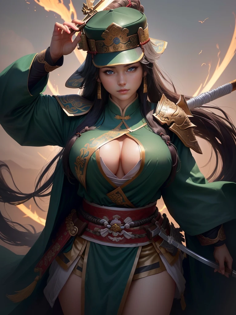 a woman in a green dress holding a sword and a flower, inspired by Li Mei-shu, inspired by Shen Zhou, inspired by Wu Li, inspired by Wu Zuoren, yun ling, inspired by Ju Lian, inspired by Li Tang, full body xianxia, inspired by Qiu Ying, inspired by Lan Ying, xianxia hero, Highly detailed CG unit 8k wallpaper, masterpiece, High resolution, highest quality, highest quality real texture skin, Super Real, Digital Painting, Best image quality, 最High resolution, 8k, ((Highly detailed eyes and face, Beautiful eyes every detail)), 1girl, Full Body Shot, Cleavage, Saggy breasts, Gravity-dependent breasts, long chest, Heavy chest, disproportionate breasts, huge breasts, sagging breasts, gigantic breasts, erect nipple, Off the shoulder,