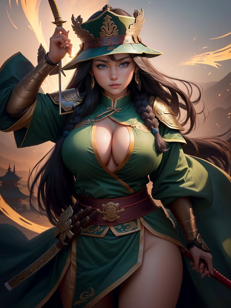 a woman with a bow and a bow in his hand, guan yu, bian lian, naranbaatar ganbold, inspired by Cao Zhibai, inspired by Hu Zaobin, inspired by Fan Kuan, inspired by Li Kan, mongol, inspired by Huang Shen, by Qu Leilei, inspired by Jang Seung-eop, a close up of a girl with a sword and a hat, guan yu, inspired by Hu Zaobin, naranbaatar ganbold, masamune shiro, bian lian, mongol, masamune, feng shu, inspired by Cao Zhibai, inspired by Huang Ding, genghis khan, inspired by Huang Shen, zhao yun, Highly detailed CG unit 8k wallpaper, masterpiece, High resolution, highest quality, highest quality real texture skin, Super Real, Digital Painting, Best image quality, 最High resolution, 8k, ((Highly detailed eyes and face, Beautiful eyes every detail)), 1girl, Full Body Shot, 1girl, Saggy breasts, Gravity-dependent breasts, long chest, Heavy chest, disproportionate breasts, huge breasts, sagging breasts, gigantic breasts, (erect nipple, ), Wear your hat deeply,