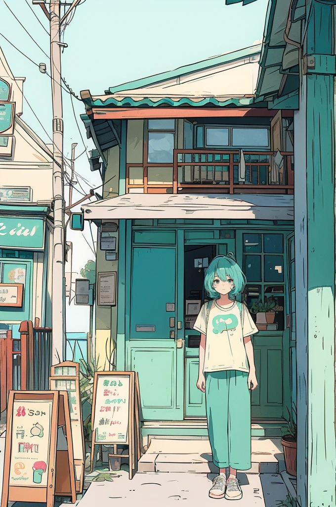 The illustration depicts a character with turquoise hair standing in front of a cafe setting. The character is wearing a T-shirt and there is a cup on a table to the right. The cafe has outdoor seating and the colors are mostly pastel, giving it a calm and tranquil atmosphere.