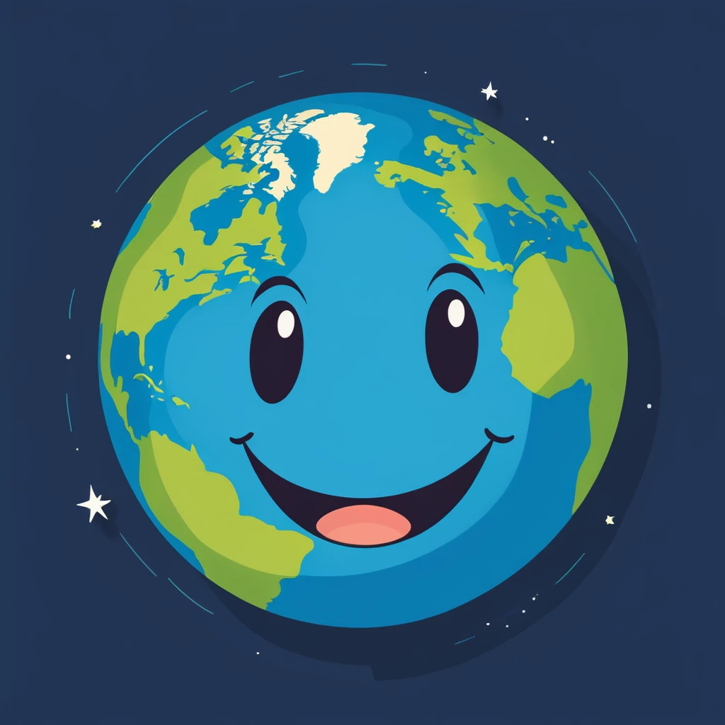 a earth with smile face, 2d minimalistic, flat vector illustration, digital, no shadows, design asset, without shading
