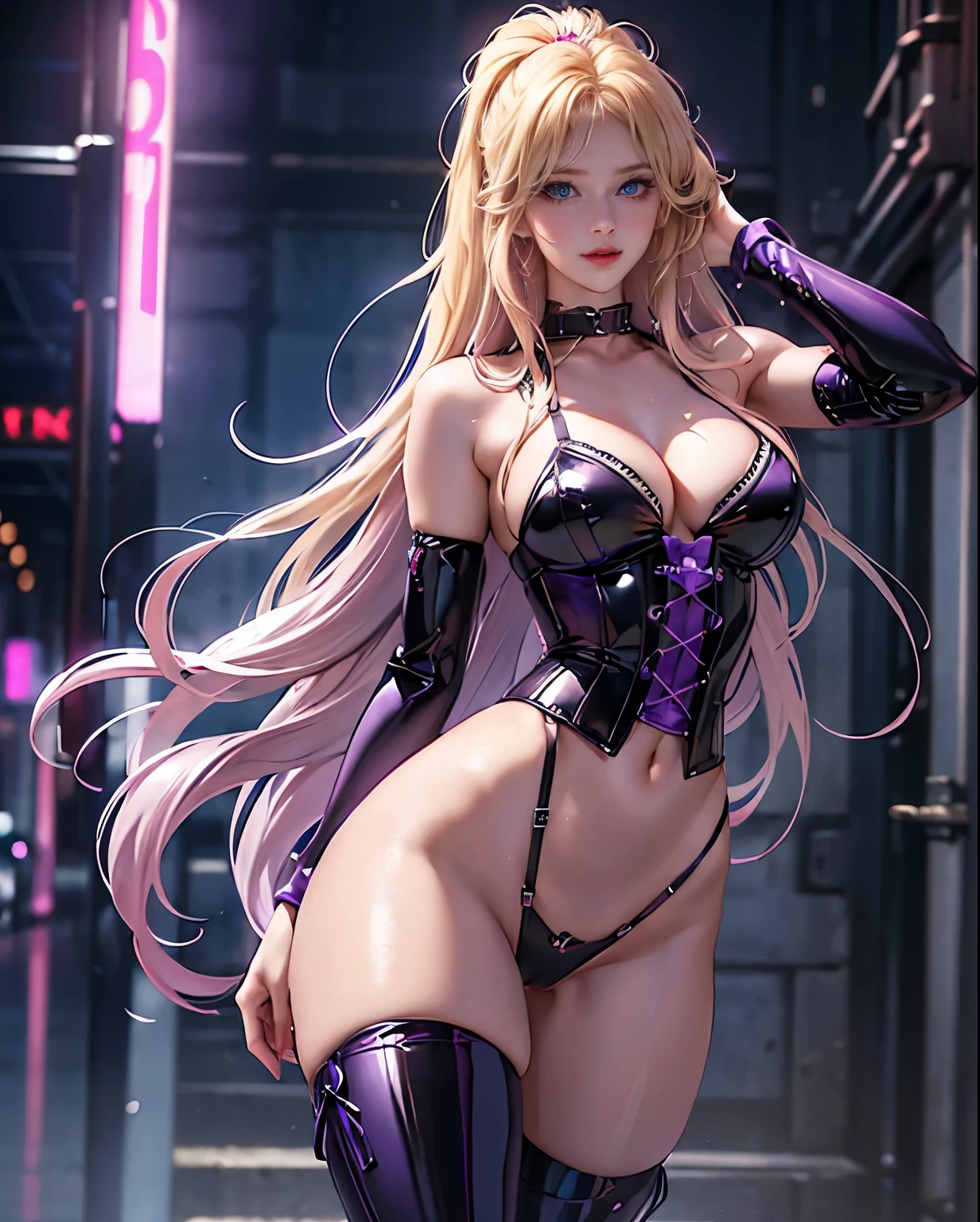 1girl, Blue eyes, smiling, (Sana Minatozaki), wide hips, Big , big ass, (Best Quality, 8k, Masterpiece: 1.3), perfect hands, Clear Focus: 1.2, Perfect Body Beauty: 1.4 , Slender Abs: 1.2, Highly detailed face and skin texture, detailed eyes, double eyelids, (blonde long hair), (Olga Discordia \(Kuroinu\), (violet corset), (violet high waisted thong), (long violet boots), standing, dynamic pose, (standing in an alley at night illuminated by neon signs)