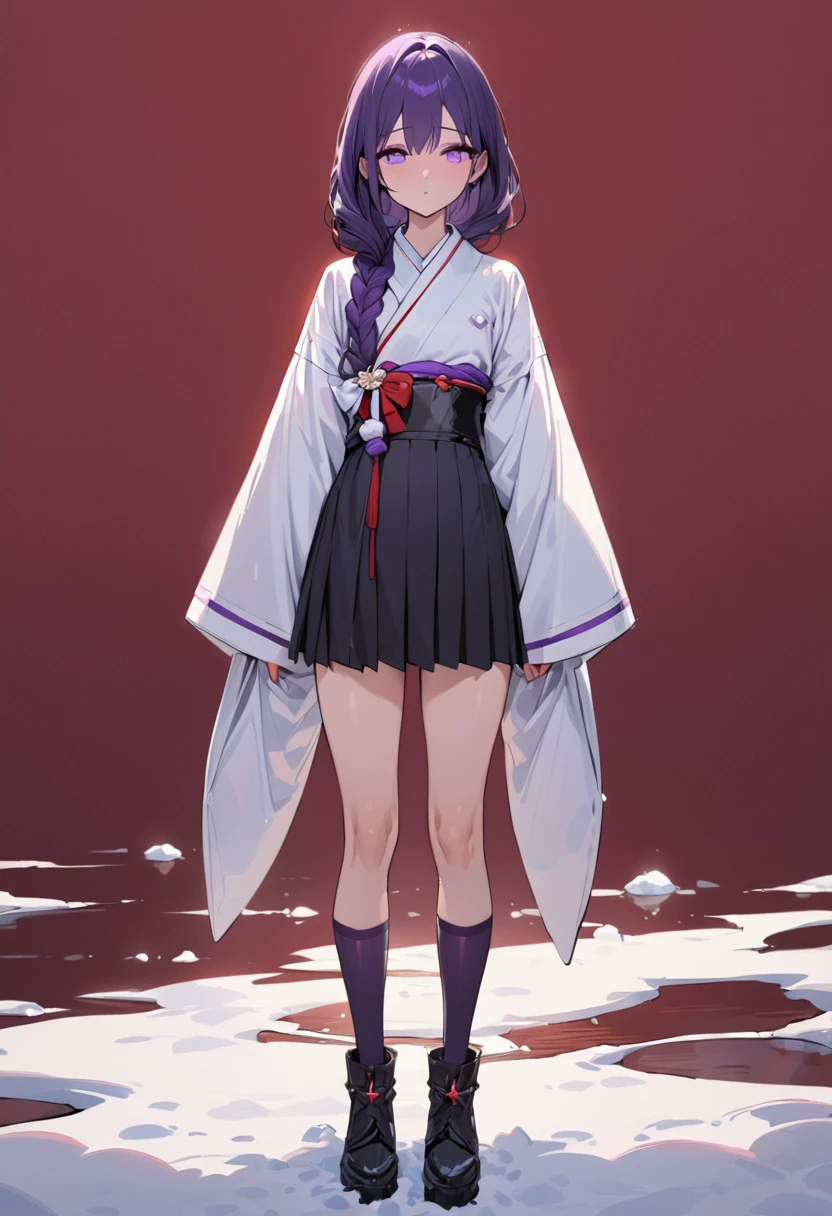 masterpiece, (bestquality), highlydetailed, cold, calm, gentle, expressionless, solo, (detailed eyes), (1 young woman), dark purple hair, very long single braid, bright purple eyes, (white collared shirt with white furisode sleeves reminiscent of kimono), thin red bow tie under the collar, (diamond-shaped pin on the front of the bow), (black high-waisted pleated skirt), dark purple high socks, black ankle boots, (simple earthy red background), (empty background), full body, standing