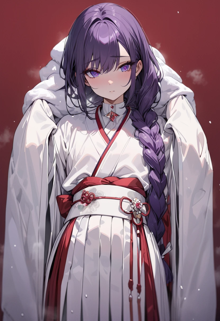 masterpiece, (bestquality), highlydetailed, cold, calm, gentle, expressionless, solo, (detailed eyes), (ung woman), dark purple hair, very long single braid, bright purple eyes, (white collared shirt with white furisode sleeves reminiscent of kimono), thin red bow tie under the collar, (diamond-shaped pin on the front of the bow), (black high-waisted pleated skirt), dark purple high socks, black ankle boots, (simple earthy red background), (empty background), full body, standing