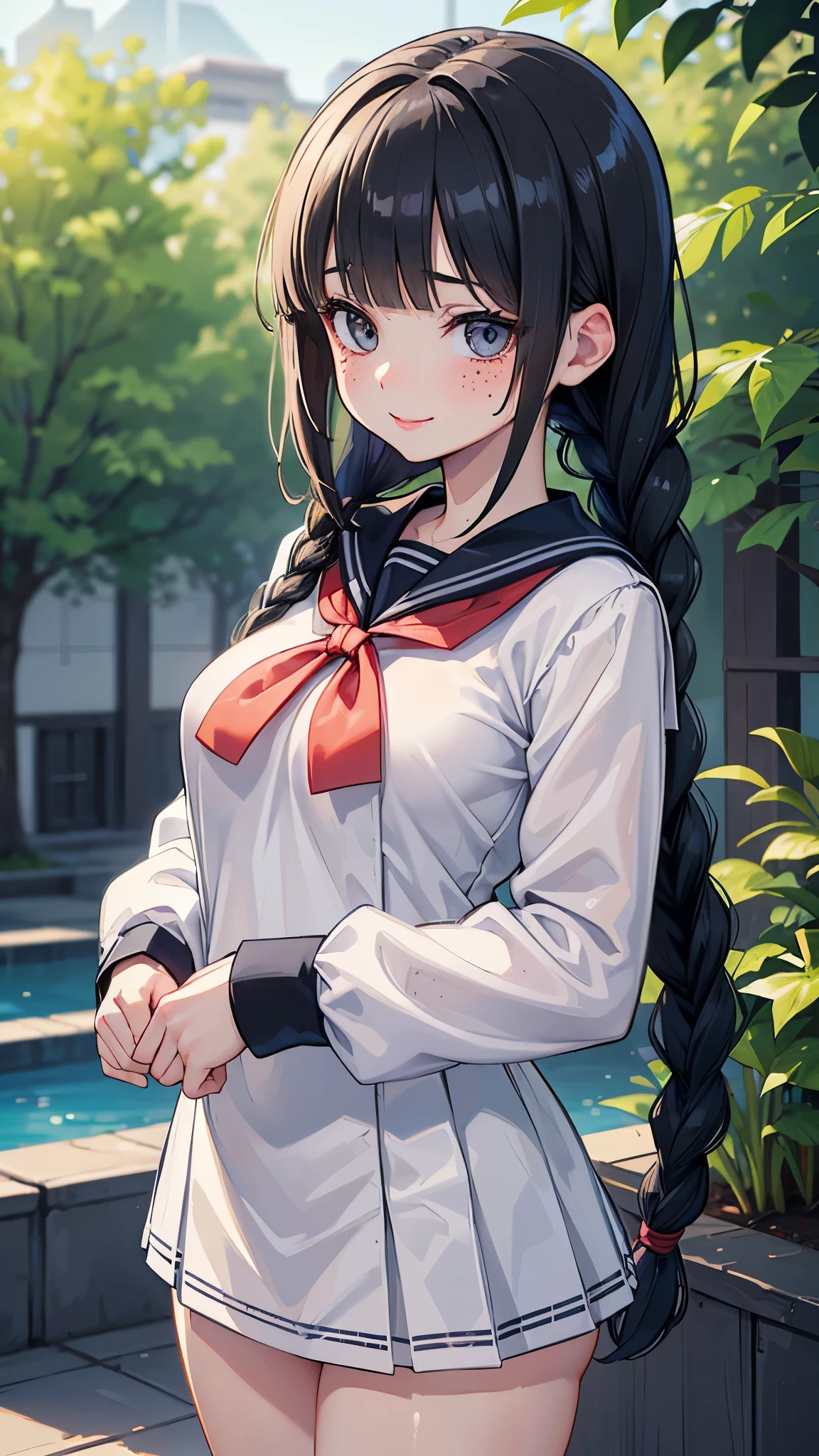 (Highest quality, Ultra-high resolution, Very detailed), (Realistic,超Realistic), Perfect lighting、Small breasts,View your audience, Perfect Woman,Perfect Face, (Perfect Anatomy, Anatomically correct), Cute and symmetrical face、、((Shiny Hair)),(かわいいsmile, smile)、(masterpiece),8k,Very clear,(Ultra-realistic), One Girl,Wide Shot,((Large Breasts))、(Large Breasts)、(Highest quality), Realistic, (Live Action, Intricate details),(On campus), blush,(Inside the school),16-year-o hichoolrl、((Introvert girl))、school uniform), Shiny skin, ((Shiny black short braids)), (((Bangs that cover the eyes))), (Long eyelashes), Beautiful Face,(((Sailor suit))), ((Juicy lips))、(((freckle)))、(((Insidious girl)))