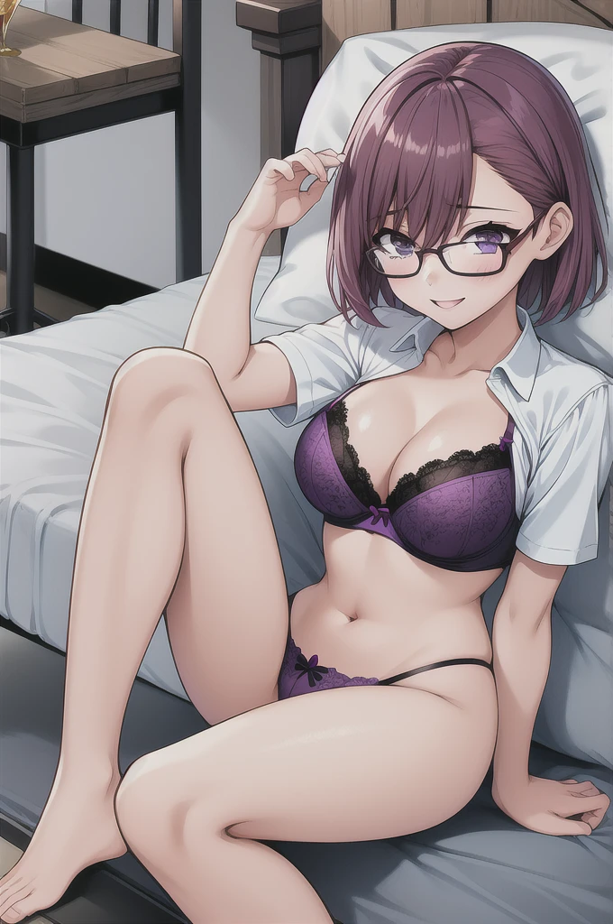 1girl, cowboy shot,porn, smile, glasses, 
nitengojigen_ririsa, purple eyes, purple hair, short hair, bangs,Lace bra, lace underwear, short sleeves, Show your breasts,sex, , best quality, masterpiece, highres, sleep position,Spread your legs,see pussy