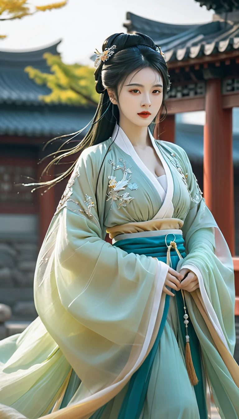 Surreal, complex, Epic scenes),1 Girl,Hanfu,whole body,(Huge breasts:1.7), Giving off an otherworldly glow to the surroundings,(complex, Many tiny details, Stunning lighting, Stunning surroundings),(rich and colorful, Surreal, high quality, Very detailed, Clear focus, 8K Ultra HD, Surreal主义,(Smile:0.3)