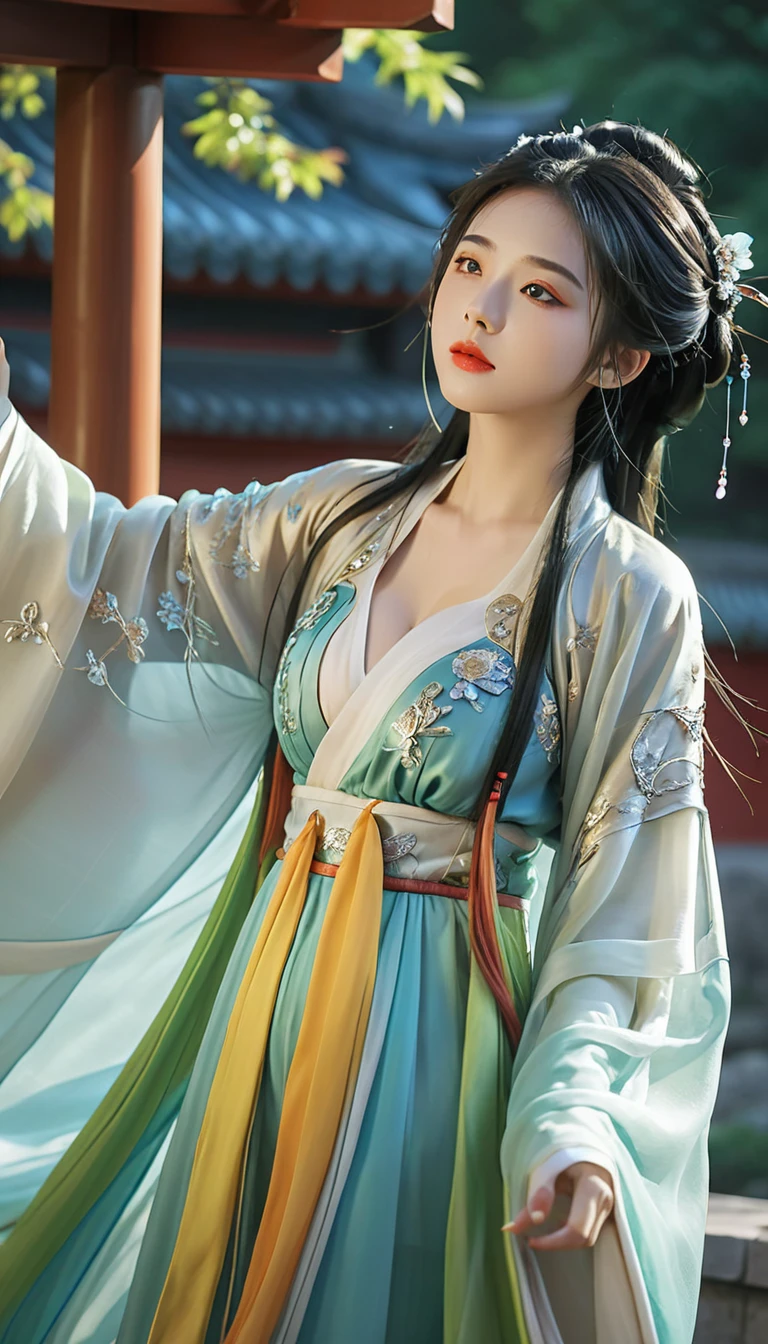 Surreal, complex, Epic scenes),1 Girl,Hanfu,whole body,(Huge breasts:1.7), Giving off an otherworldly glow to the surroundings,(complex, Many tiny details, Stunning lighting, Stunning surroundings),(rich and colorful, Surreal, high quality, Very detailed, Clear focus, 8K Ultra HD, Surreal主义,(Smile:0.3)