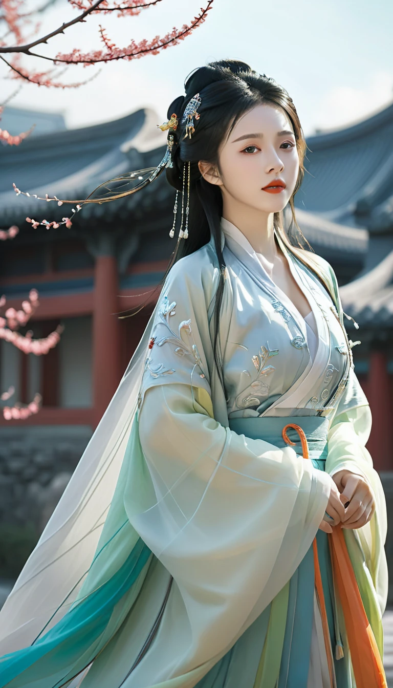 Surreal, complex, Epic scenes),1 Girl,Hanfu,whole body,(Huge breasts:1.7), Giving off an otherworldly glow to the surroundings,(complex, Many tiny details, Stunning lighting, Stunning surroundings),(rich and colorful, Surreal, high quality, Very detailed, Clear focus, 8K Ultra HD, Surreal主义，(Smile:0.3)