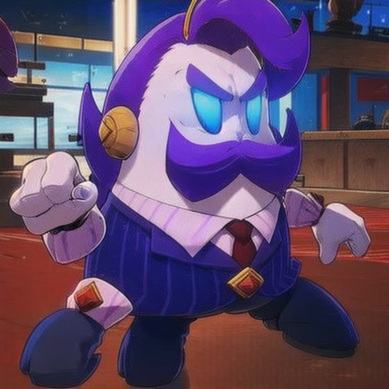  haltmann, purple hair, purple mustache, arms, wearing a dark blue suit with pink vertical lining, pink shirt, red tie, black shoes, gold suit button with a red diamond, pale purple gloves, pink cuffs, pale purple skin, blue eyes, golden earpiece with antenna