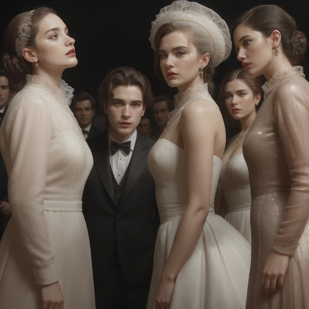 Three men and three women are standing on the opera stage, the three men are wearing black suits and the three women are wearing elegant long white dresses, close up, realistic photo