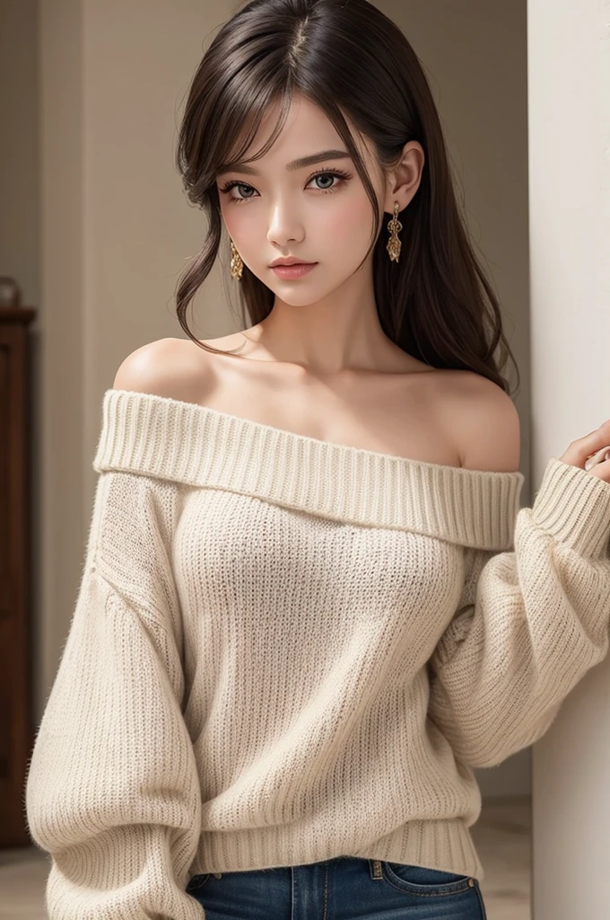 ((best quality)), ((masterpiece)), (detailed), 1girl, off-shoulder sweater,