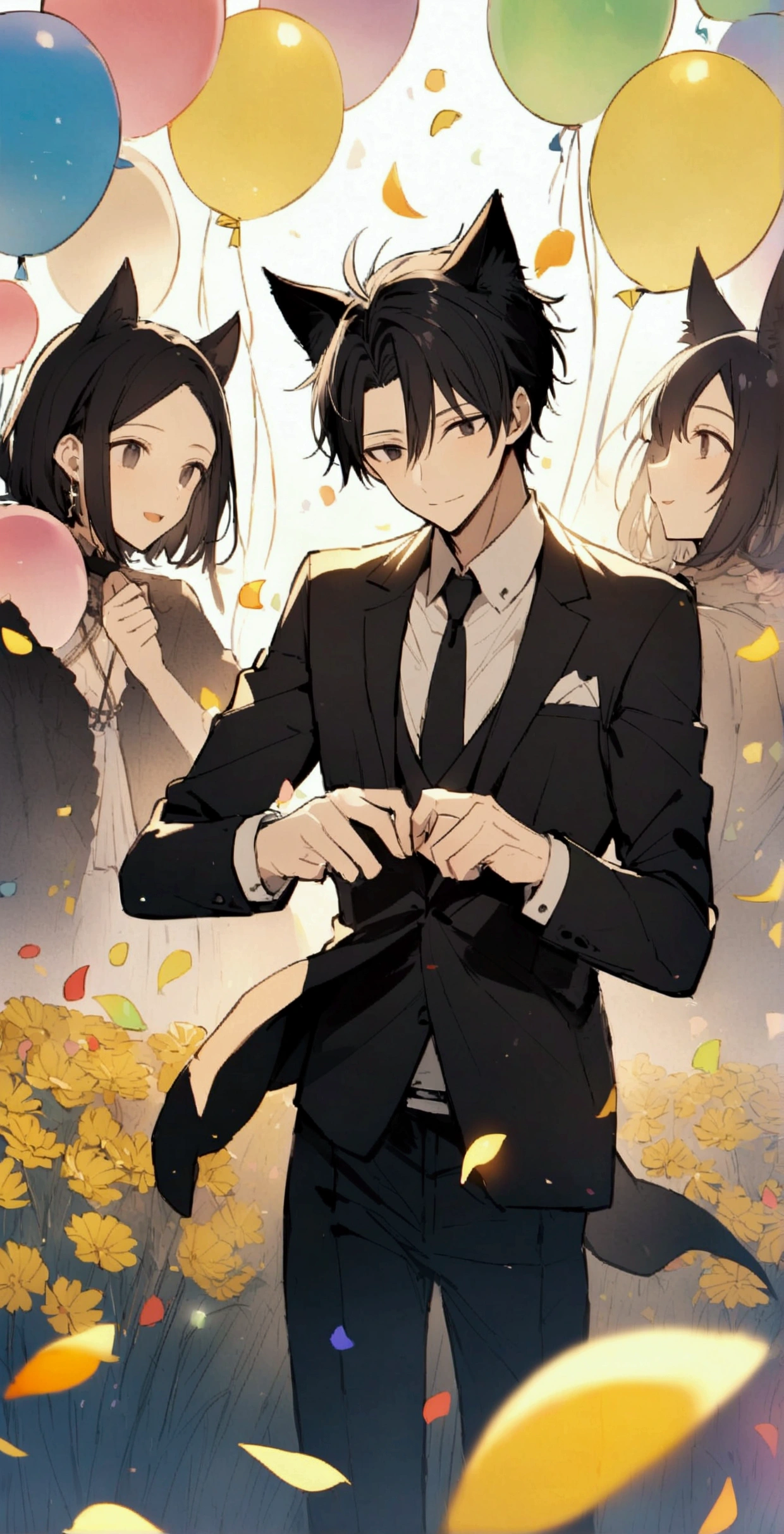 male,Black Hair,Gentle expression,Detailed and precise manual work,Black cat ears,Dark Eyes,length, Narrow eyes,Devil's Wings,Great light,An impressive subject in a field of yellow flowers, Petals flutter,Colorful balloons flying in the sky、Colorful confetti,Birthday party,Black Suit,Hand-drawn illustration,Broad background,