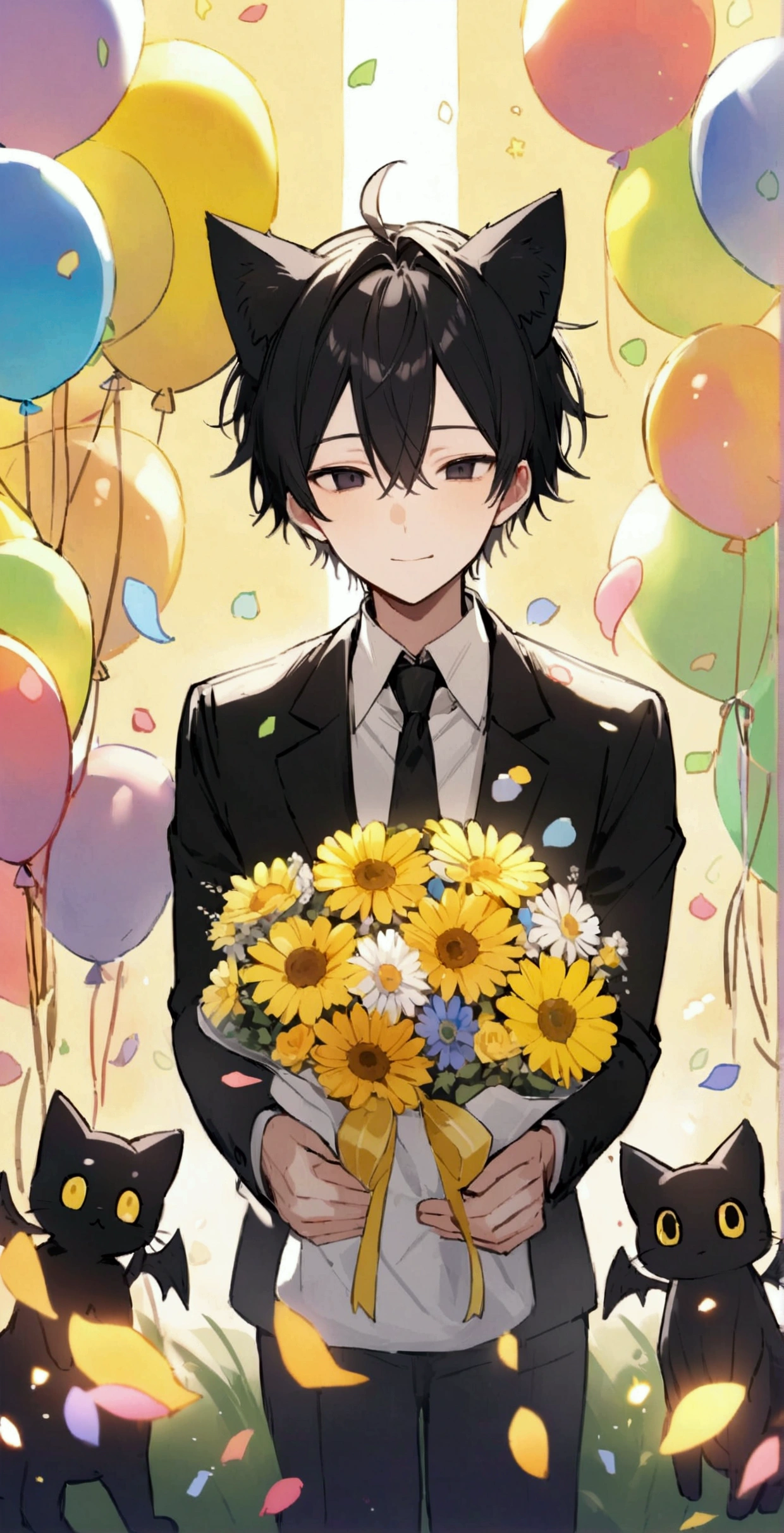 male,Black Hair,Gentle expression,Detailed and precise manual work,Black cat ears,Dark Eyes,length, Narrow eyes,Devil's Wings,Great light,An impressive subject in a field of yellow flowers, Petals flutter,Colorful balloons flying in the sky、Colorful confetti,Birthday party,Black Suit,Hand-drawn illustration,Broad background,