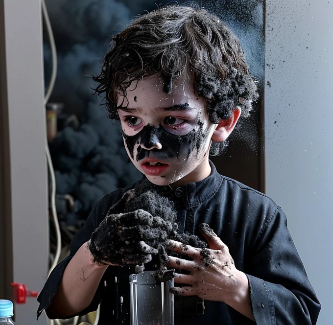 A is covered in soot after an explosion occurs during a failed concoction