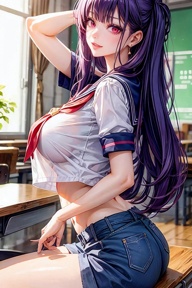 woman, sexy woman, mature female, mommy, long purple hair, red eyes, sharp eyes, detailed lips, big breast, short sleeves sailor uniform, sexy sit, classroom, evil smiling, seductive lips, adjusting hair, skirt, hunter eyes, looking back, midriff peek, earrings 