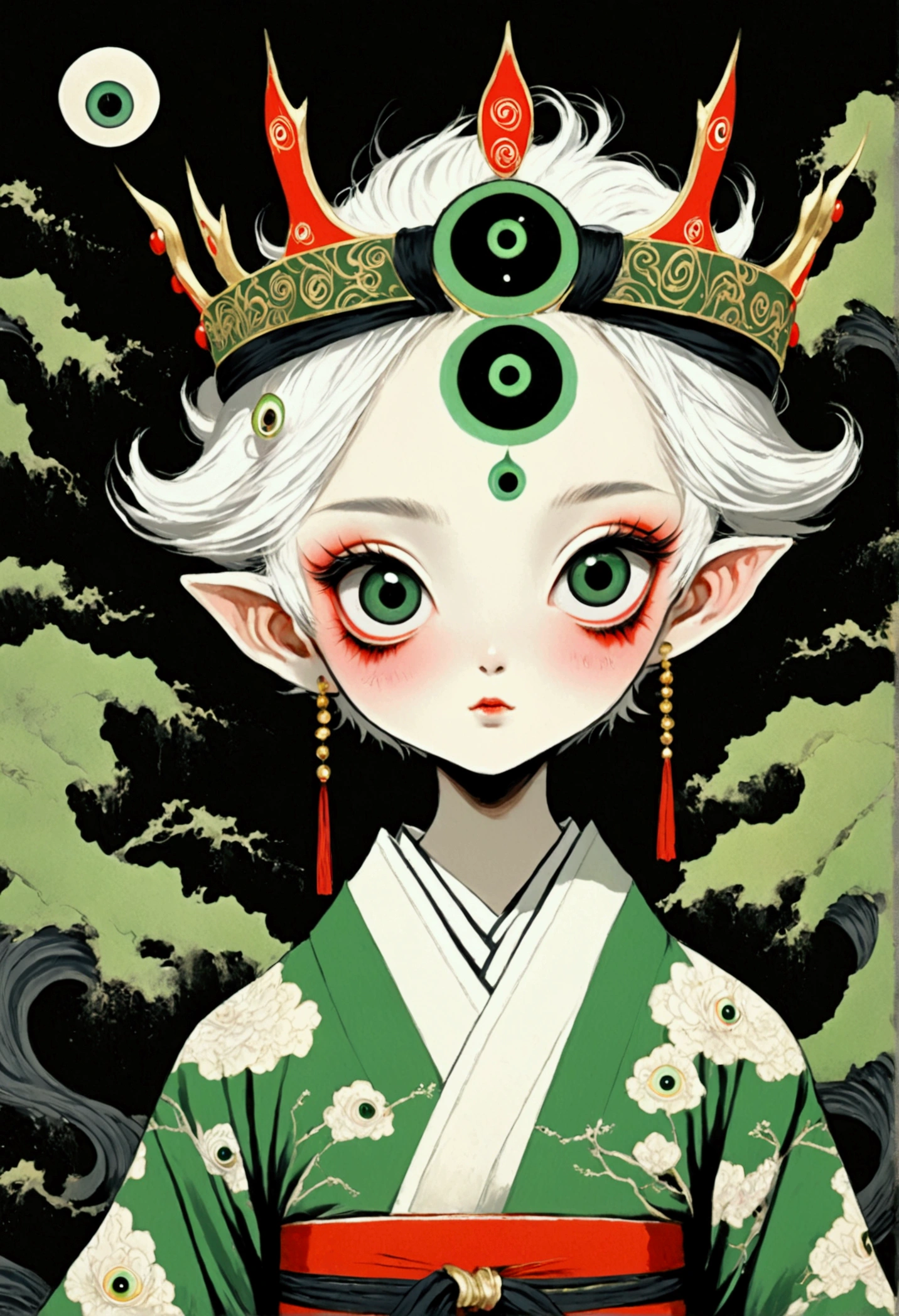 Japanese Anime,Second Dimension,Horror style,horror character,(((Three-eyed boy,third eye on the forehead:1.1.Dark eyeshadow,White short hair,Elf ears,Exaggerated golden crown-eyeball decoration))),(((Gorgeous Japanese red kimono,Eye pattern,Dark Pattern))).(((Thin waist,Green belt:1.6))).(((Katana in hand))),(style of santiago caruso,Tattoo on the neck),Black background blur