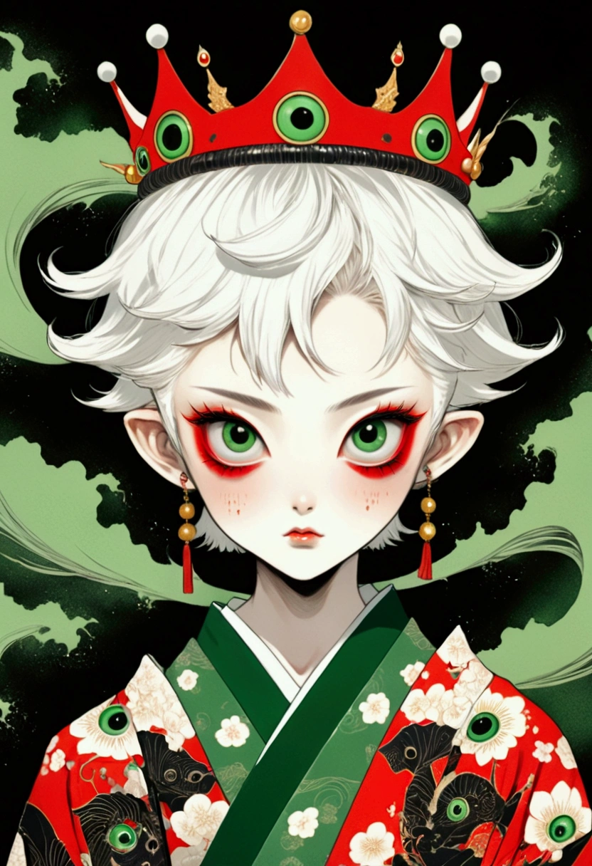 Japanese Anime，Second Dimension，Horror style，horror character，(((Three-eyed boy，third eye on the forehead:1.1.Dark eyeshadow，White short hair，Elf ears，Exaggerated golden crown-eyeball decoration))),(((Gorgeous Japanese red kimono，Eye pattern，Dark Pattern))).(((Thin waist，Green belt：1.6))).(((Katana in hand)))，(style of santiago caruso,Tattoo on the neck)，Black background blur
