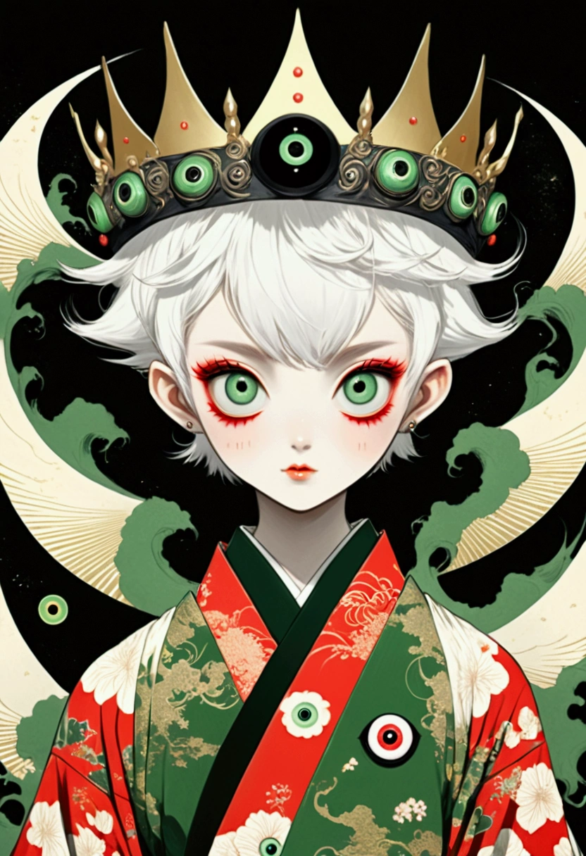 Japanese Anime，Second Dimension，Horror style，horror character，(((Three-eyed boy，third eye on the forehead:1.1.Dark eyeshadow，White short hair，Elf ears，Exaggerated golden crown-eyeball decoration))),(((Gorgeous Japanese red kimono，Eye pattern，Dark Pattern))).(((Thin waist，Green belt：1.6))).(((Katana in hand)))，(style of santiago caruso,Tattoo on the neck)，Black background blur
