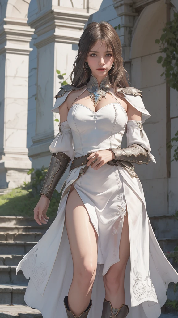 looking back,(fighting pose),(leather boots,(asymmetrical armor),(long embroidered cute dress,see through,lift up the hem of the white dress)),(random hairstyle),(Thin type:1.5),(large breasts),(Highest image quality,(8K), Ultra-realistic, Best Quality, High quality, High Definition, high quality texture, high detailing, Beautiful detailed, fine detailed, extremely details CG, Detailed texture, realistic representation of face, masterpiece, presence)
