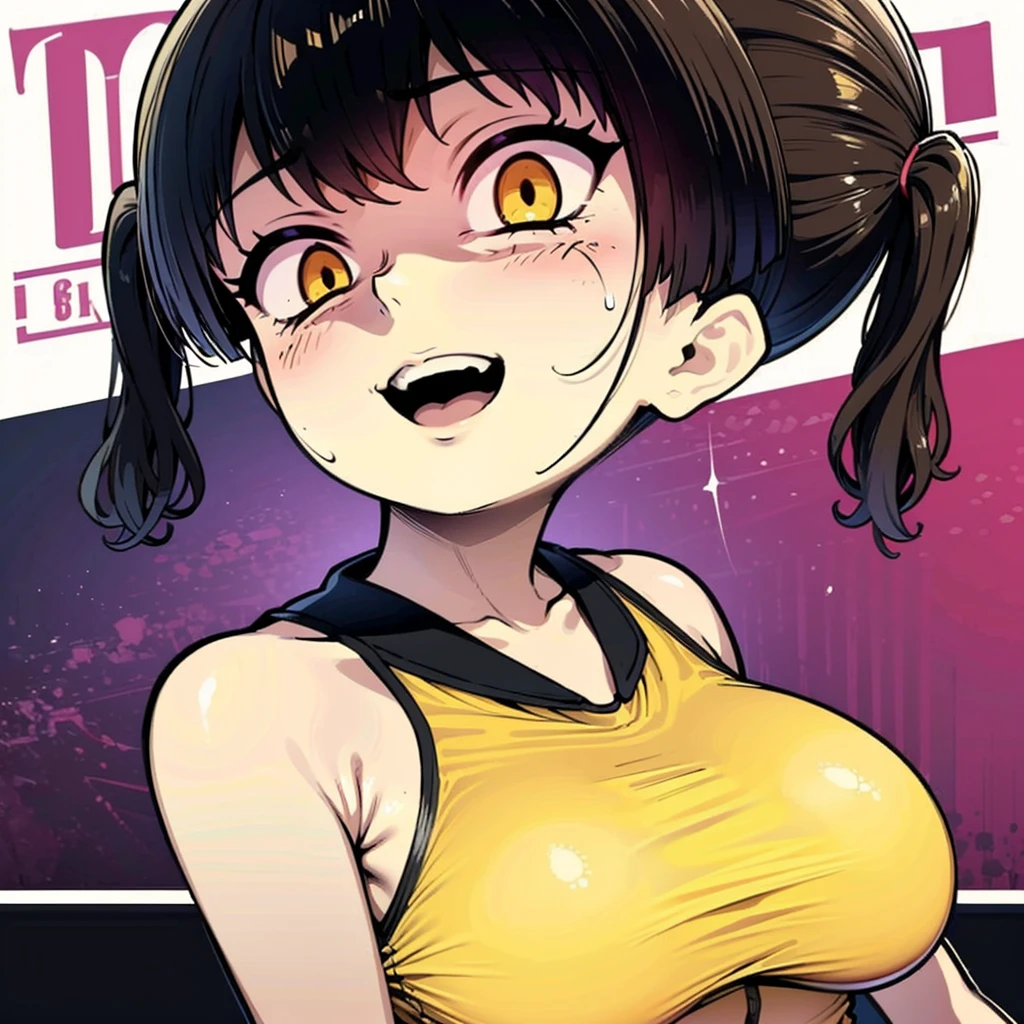 Sasaki Kanna plays gesugao, Yellow Tank Top, underboob, Sweat, Black hair twin tails, Guess face, smile, crazy Smile, 勝ち誇ったsmile, Pushing her big breasts together, Her body is like that of a slender *************************, but her breasts are large.,