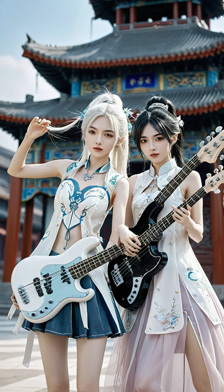 Two girls, A girl holding a guitar, A girl holding a bass, White hair, xianxia fantasy, CG social popularity, Chinese Tower, Foreground floats, Messy hair, Motion Blur, light, Blurred foreground, Movement Line, High Detail, 16K, high resolution, Textured Skin, Super Detail