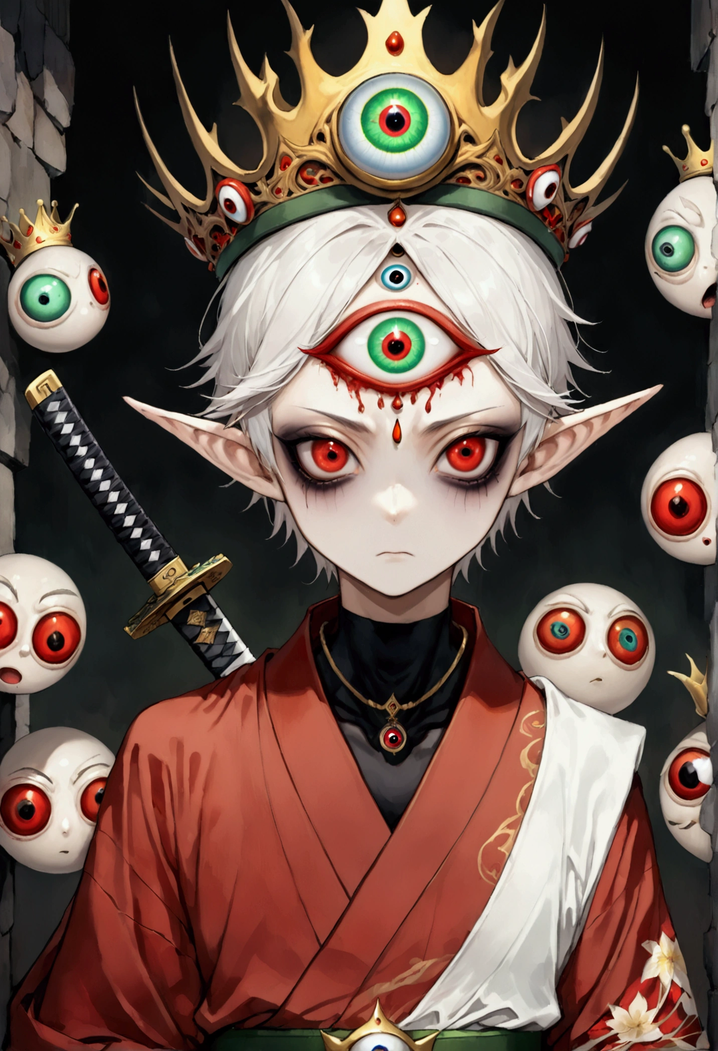 Japanese Anime，Second Dimension，Horror style，horror character，(((Three-eyed boy，third eye on the forehead:1.1.Dark eyeshadow，White short hair，Elf ears，Exaggerated golden crown-eyeball decoration))),(((Gorgeous Japanese red kimono，Eye pattern，Dark Pattern))).(((Thin waist，Green belt：1.6))).(((Katana in hand)))，(style of santiago caruso,Tattoo on the neck)，Black background blur
