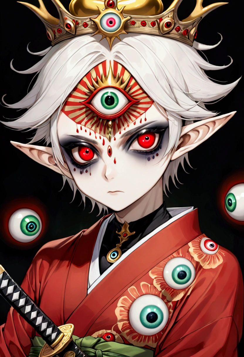 Japanese Anime,Second Dimension,Horror style,horror character,(((Three-eyed boy,third eye on the forehead:1.1.Dark eyeshadow,White short hair,Elf ears,Exaggerated golden crown-eyeball decoration))),(((Gorgeous Japanese red kimono,Eye pattern,Dark Pattern))).(((Thin waist,Green belt:1.6))).(((Katana in hand))),(style of santiago caruso,Tattoo on the neck),Black background blur