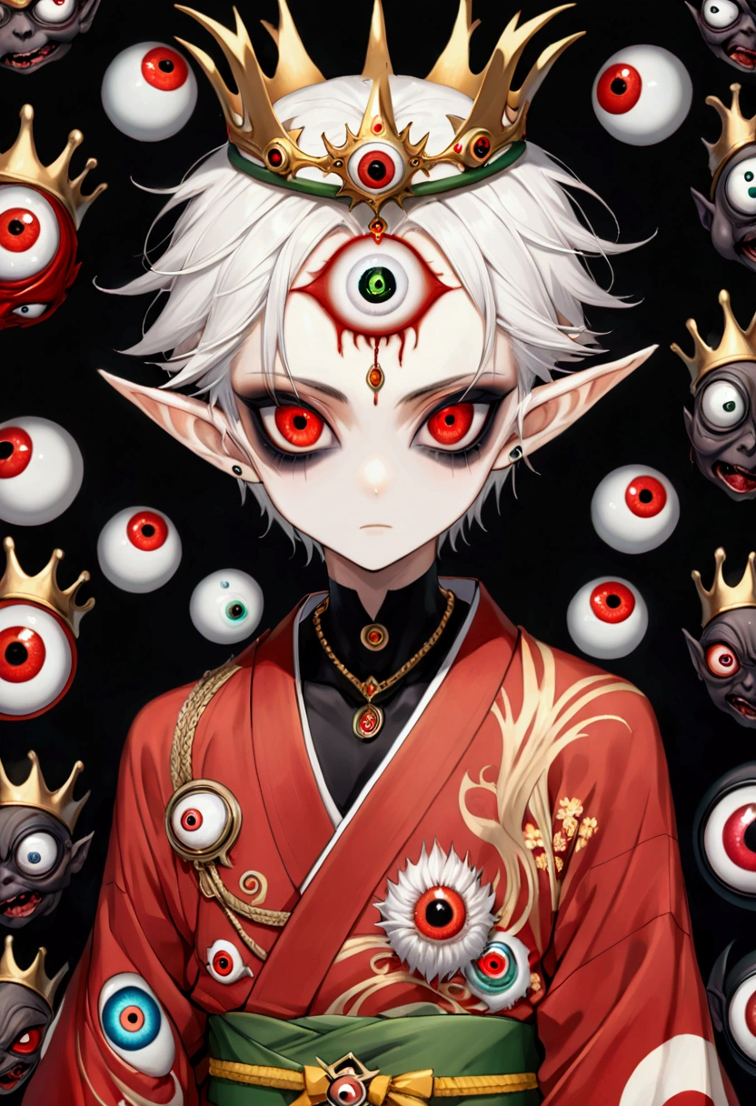 Japanese Anime，Second Dimension，Horror style，horror character，(((Three-eyed boy，third eye on the forehead:1.1.Dark eyeshadow，White short hair，Elf ears，Exaggerated golden crown-eyeball decoration))),(((Gorgeous Japanese red kimono，Eye pattern，Dark Pattern))).(((Thin waist，Green belt：1.6))).(((Katana in hand)))，(style of santiago caruso,Tattoo on the neck)，Black background blur
