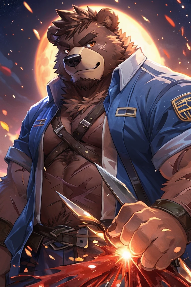 human nature, wild animals, male,36 years old，uncle， solitary, ((Round Face, The face is plump,Orange Eyes,Thick brown hair，Scars on the furry little ears)), ((Endomorph, Handsome的，Hot Blood)), （construction worker，White architectural clothing，Holding a military long knife), ((Domestic brown bear, Bear Orc，) Fluffy fur, Fluffy), Bokeh, (high quality, high resolution, masterpiece), (Dynamic Lighting, Vibrant colors，Natural fill light), (Revitalize，Handsome，), Full body pictures (close up), cartoon, author：Takemoto Arashi, From Zixiong, author：Chunni, author：Ethereal，moonlight，Drawing the sword on the cliff，Rely on your teammates&#39; Defender，Two-player battles，night，Surrounded，Beautiful starry sky，（background：moonlight的悬崖边）