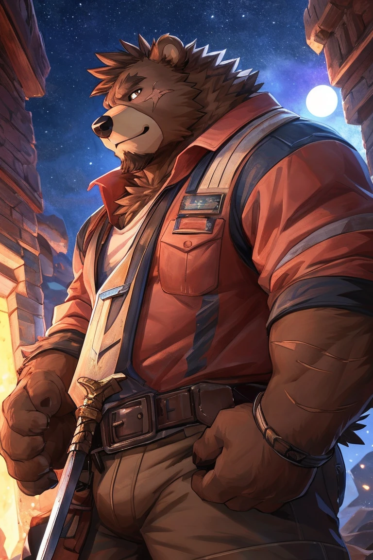 human nature, wild animals, male,36 years old，uncle， solitary, ((Round Face, The face is plump,Orange Eyes,Thick brown hair，Scars on the furry little ears)), ((Endomorph, Handsome的，Hot Blood)), （construction worker，White architectural clothing，Holding a military long knife), ((Domestic brown bear, Bear Orc，) Fluffy fur, Fluffy), Bokeh, (high quality, high resolution, masterpiece), (Dynamic Lighting, Vibrant colors，Natural fill light), (Revitalize，Handsome，), Full body pictures (close up), cartoon, author：Takemoto Arashi, From Zixiong, author：Chunni, author：Ethereal，moonlight，Drawing the sword on the cliff，Rely on your teammates&#39; Defender，Two-player battles，night，Surrounded，Beautiful starry sky，（background：moonlight的悬崖边）