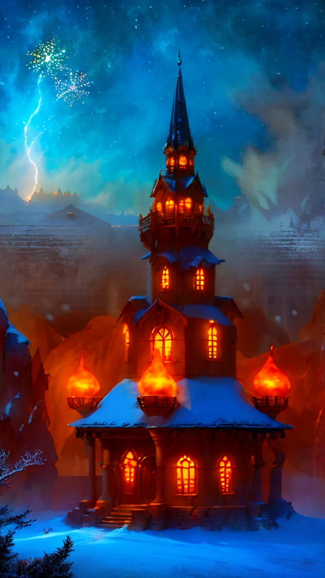 Mysterious Castle、Foggy landscape、Majestic Tower、Intricate stone carvingysterious glow、Bright colors、Enchanting atmosphere、Powder Snow、Hidden Secrets、Twinkling moonlight、Whimsical Creatures。(Highest quality、High resolution、Very detailed)、ancient architecture、Western architecture, Magical atmosphere、Dreamy atmosphere、Fantasy Setting、Surreal elements、Fairytale atmosphere、Surrealistic lighting、Painterly style。