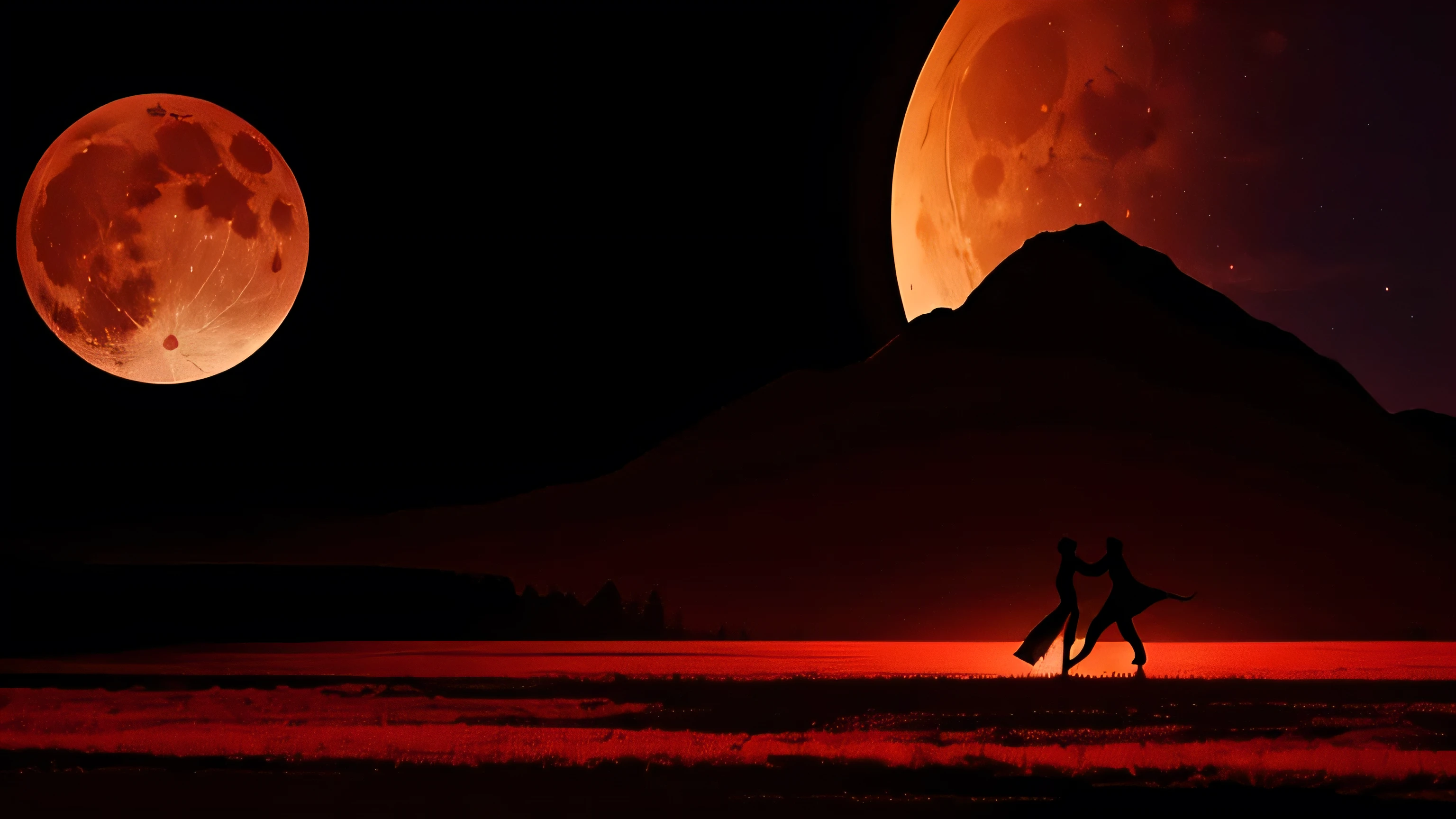 masterpiece, best quality, Official Art, 8k wallpaper, Simplicity, Simple background, A large full moon, Dance performance silhouette, Magic Show Silhouette, Red accent color, bar, 2nd Anniversary