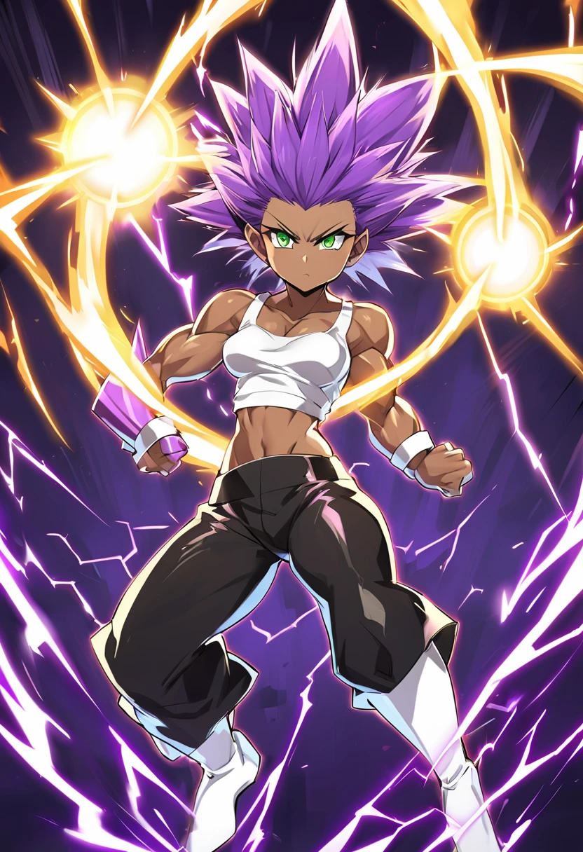 girl, alone, Saiyan, spiky purple hair, green eyes, defined muscles, thin waist, wide hips, dark skin, medium breasts, white t-shirt, black pants, super saiyan, lightning around, purple lightning, purple lightning around, energy around, ki energy, purple energy, god of destruction (super dragon ball style)

