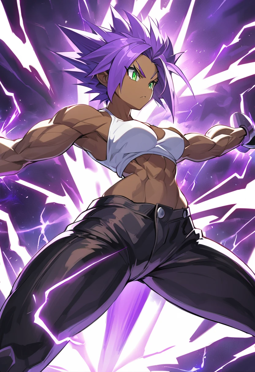 1girl, alone, Saiyan, spiky dark purple hair, green eyes, defined muscles, slim waist, wide hips, dark skin, medium breasts, no clothes, naked, bobs, white t-shirt, black pants, super saiyan, lightning around, lightning purple, purple lightning around, energy around, ki energy, purple energy, yellow earring in the right ear, hakai, hakaishin