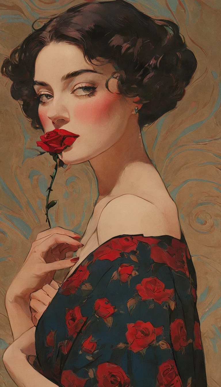 Woman dancing flamenco、(With a small rose stem in her mouth:1.4)、Sensual illustration of dancing vigorously、Chiaroscuro、 (((Short hair without bangs:1.4、Beautiful Eyes) , Vintage ,Silk dress, Matte Paint, John Singer Sargent, by Katsuya Terada、 Very soft color, Dark Vivid, Dark Red Pastel, Very detailed, Digital Art, High Contrast, dramatic, Sophisticated, tone, Intimate, Sensuality and romance、Masterpiece、Minimalist、Pop Art