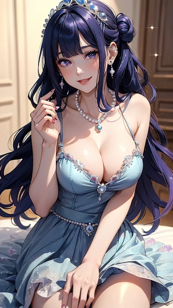 (((masterpiece, super high resolution, ultra HD, 8K quality))), (((woman in light blue evening dress / revealing dress))), (((navy blue hair, french updo))), (((beautiful sparkling purple eyes, pupils with highlights))), ((blunt bangs)), pink lips, sexy expression, ((highly detailed)), (perfectly detailed face), (detailed and carefully drawn hands), (((very large breasts, cute smile))), photorealistic image, silver earrings, pearl necklace, jade bangle, diamond ring, Beautiful figure from the knees up
